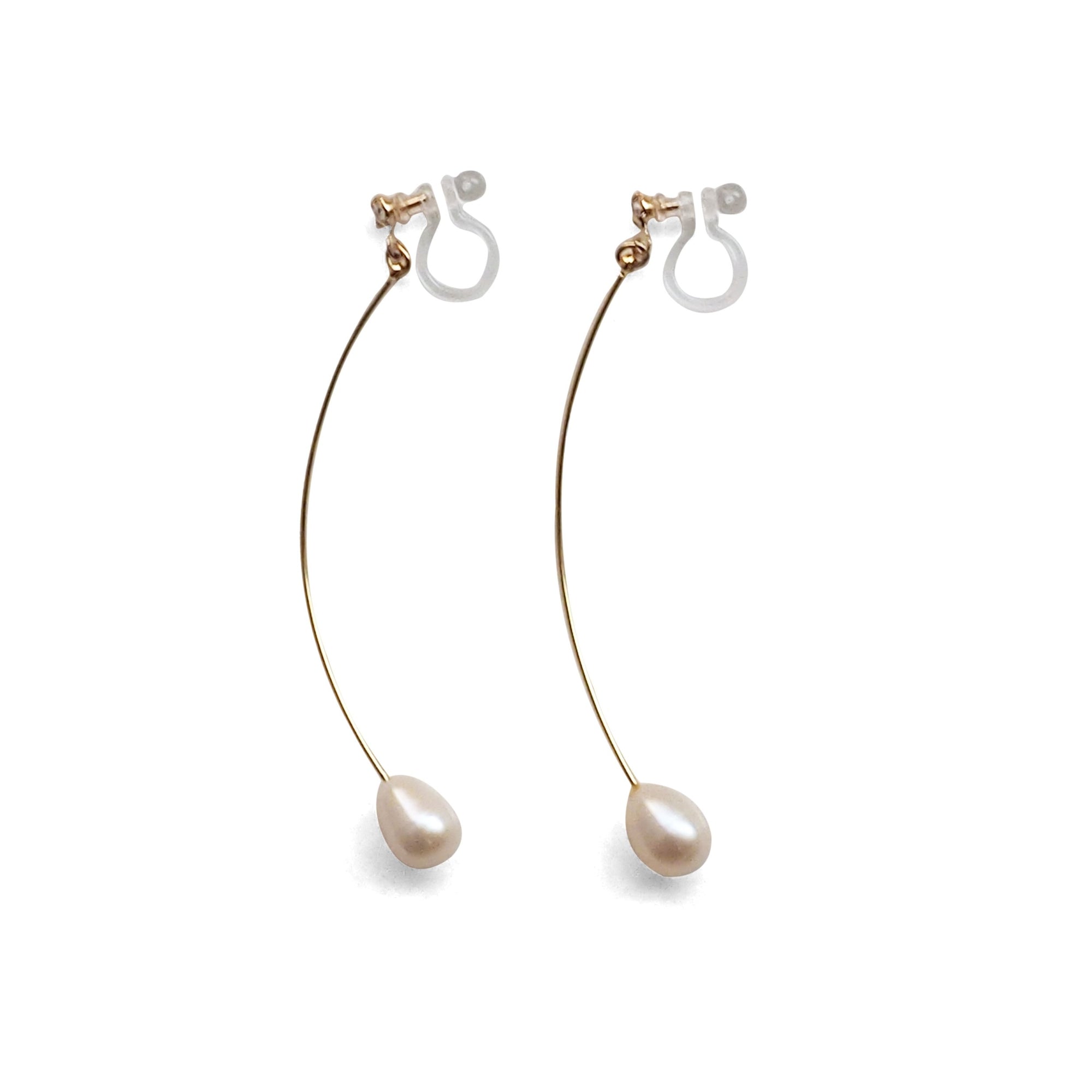 White Teardrop Freshwater Pearl Invisible Clip On Earrings (Gold tone Wave Bar) - miyabigracejewelry.com