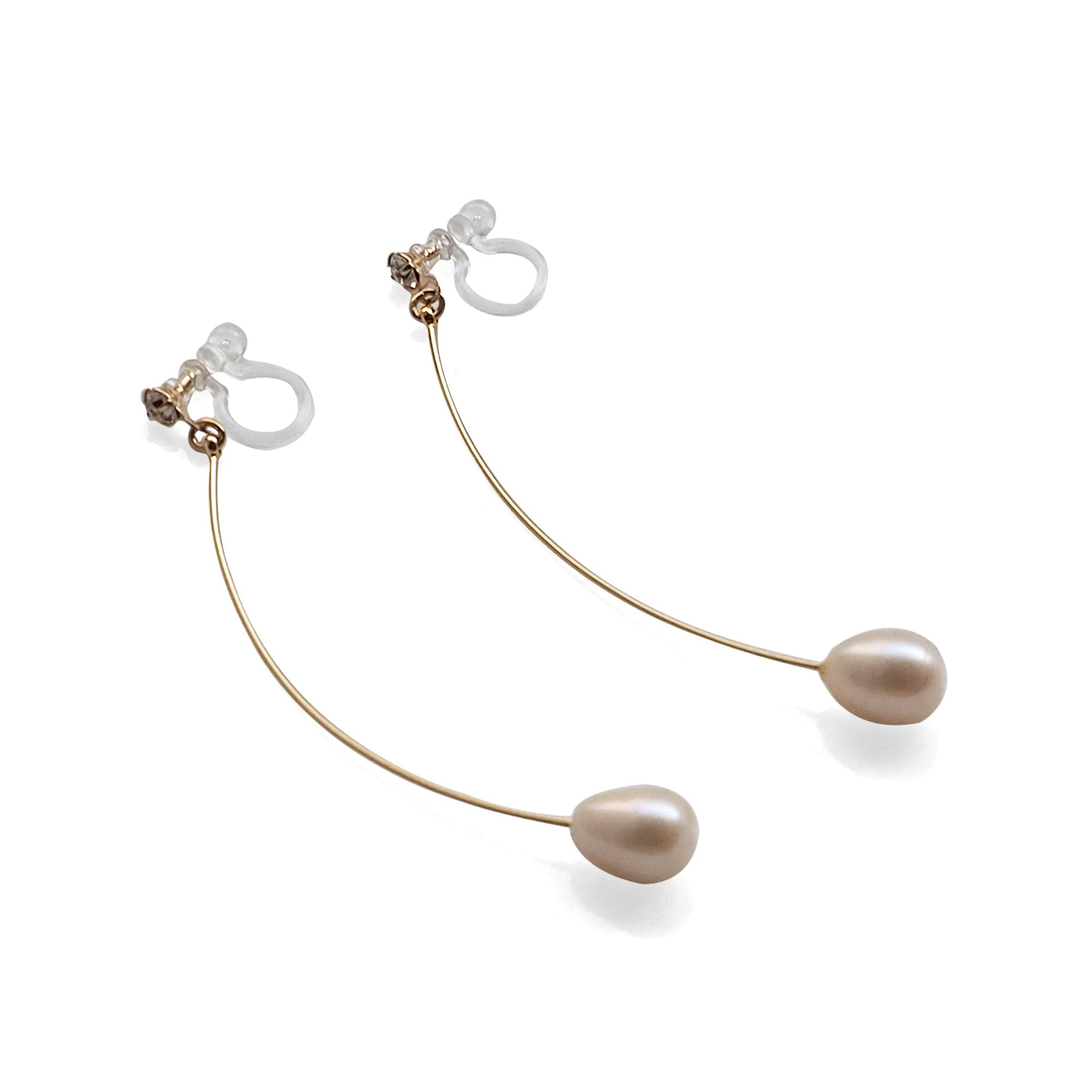 White Teardrop Freshwater Pearl Invisible Clip On Earrings (Gold tone Wave Bar) - miyabigracejewelry.com