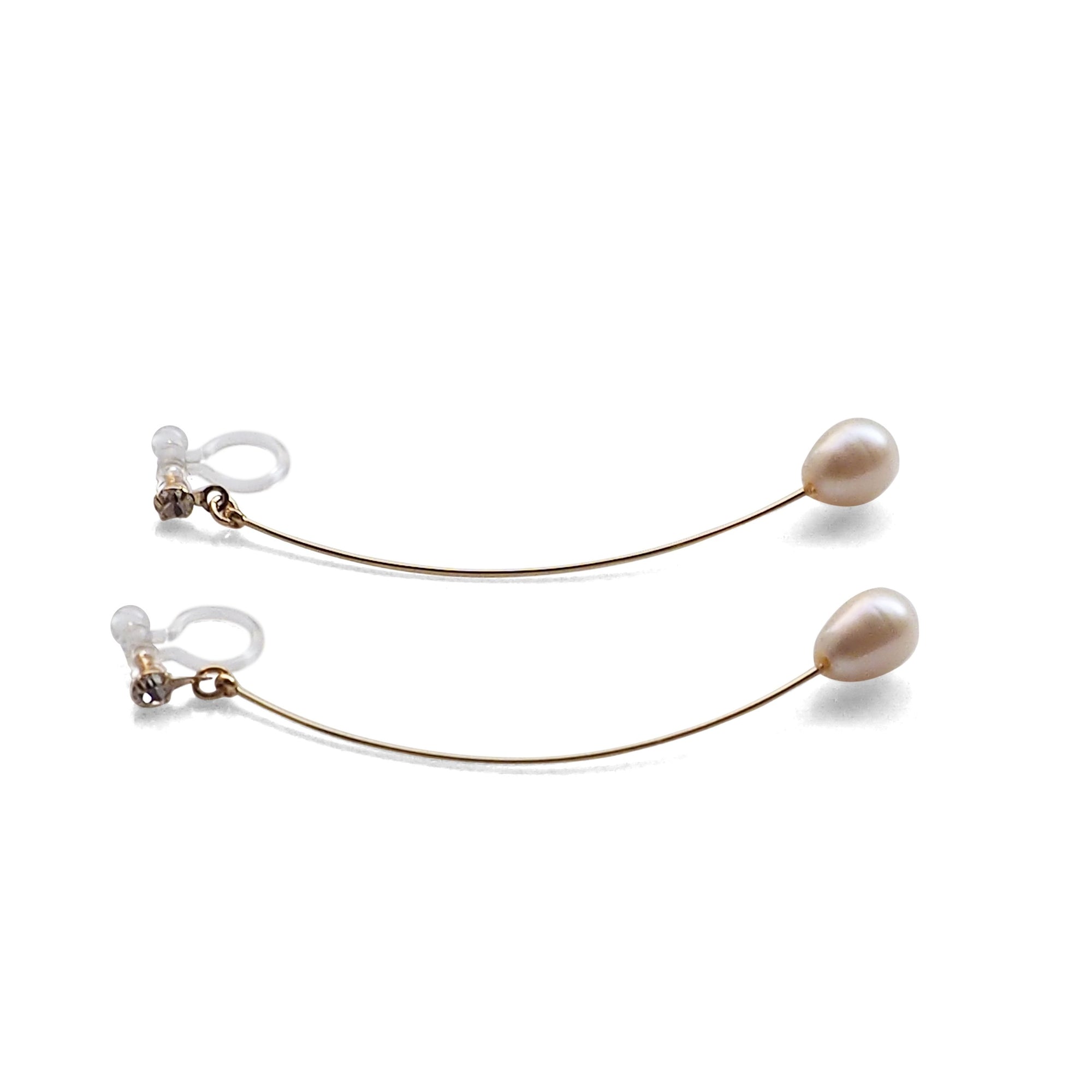 White Teardrop Freshwater Pearl Invisible Clip On Earrings (Gold tone Wave Bar) - miyabigracejewelry.com