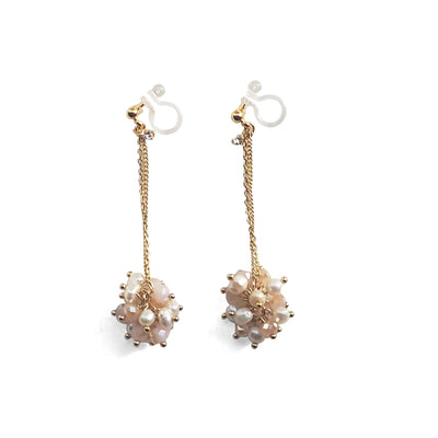 White Freshwater Pearl & Pink Crystal Ball Invisible Clip On Earrings (Gold tone) - miyabigracejewelry.com