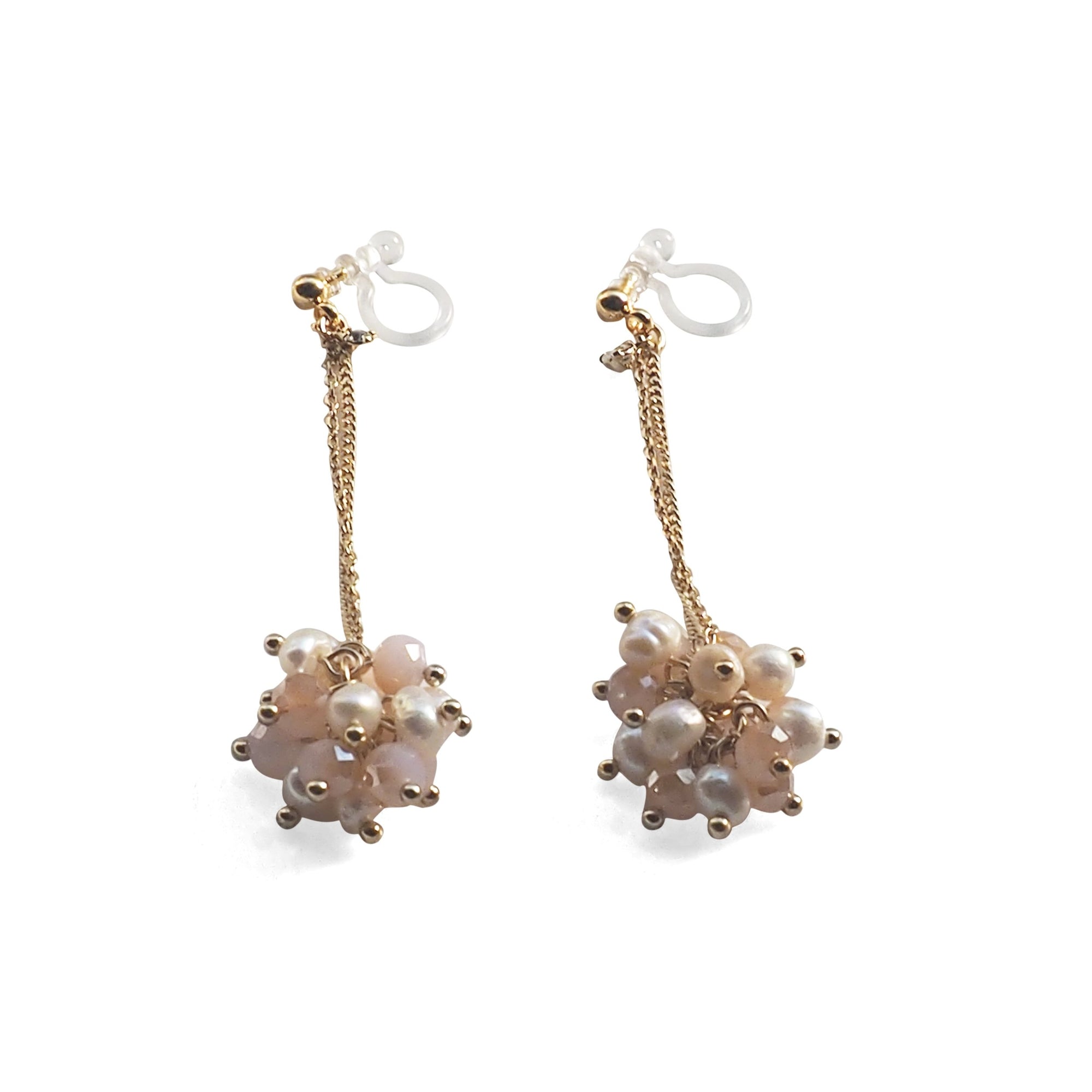 White Freshwater Pearl & Pink Crystal Ball Invisible Clip On Earrings (Gold tone) - miyabigracejewelry.com