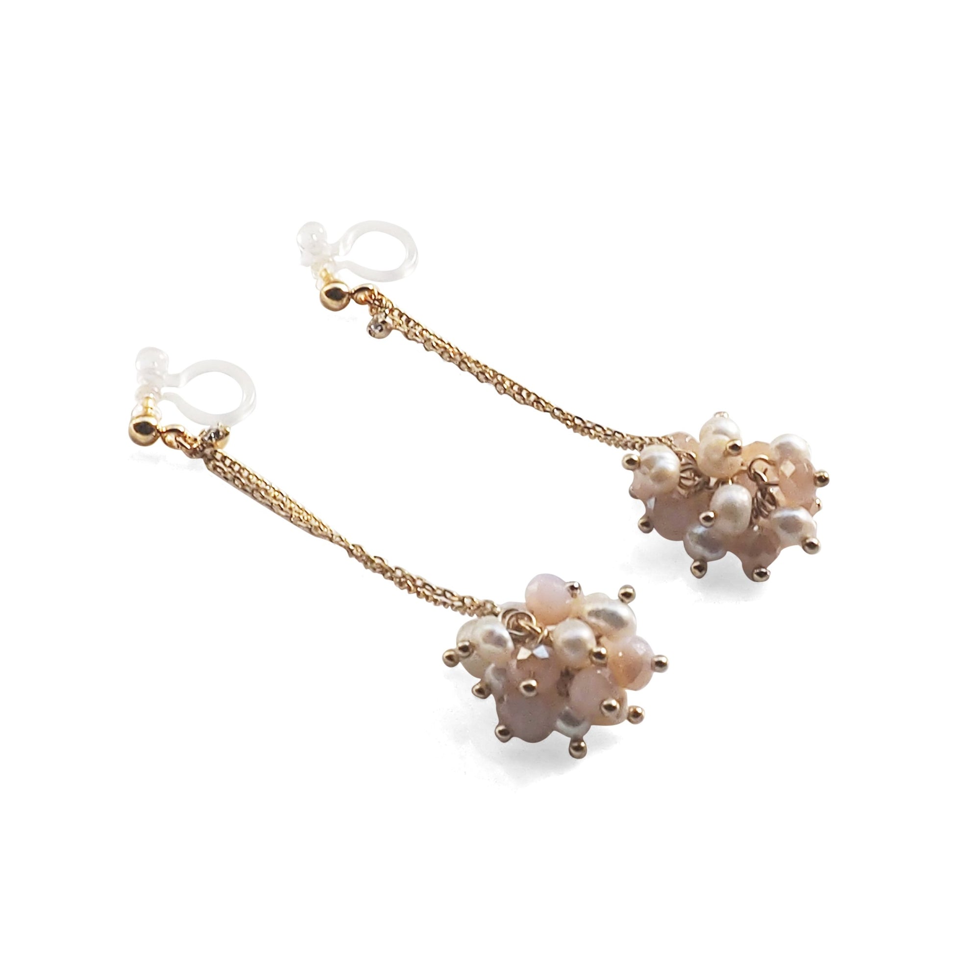 White Freshwater Pearl & Pink Crystal Ball Invisible Clip On Earrings (Gold tone) - miyabigracejewelry.com