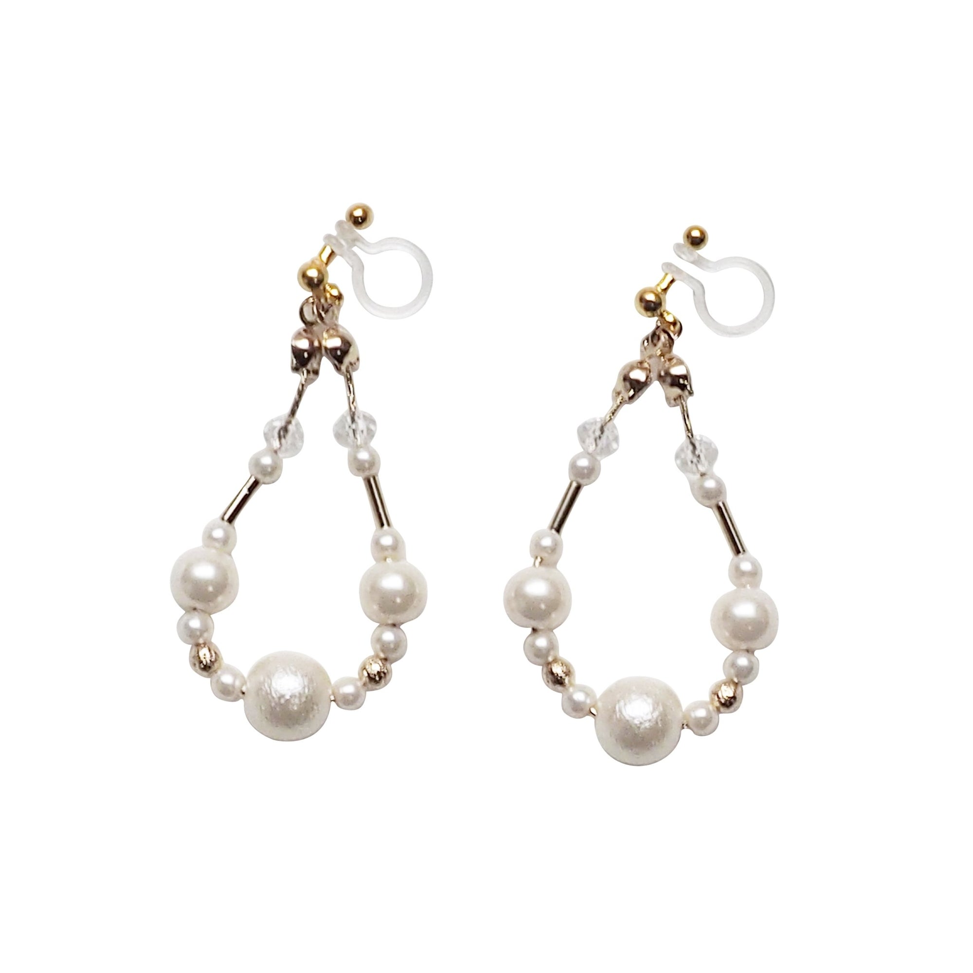 Dangle white cotton pearls invisible clip on earrings - Miyabi Grace