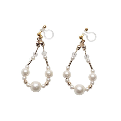 Dangle white cotton pearls invisible clip on earrings - Miyabi Grace