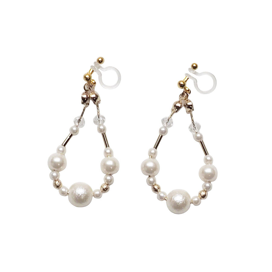 Dangle white cotton pearls invisible clip on earrings - Miyabi Grace