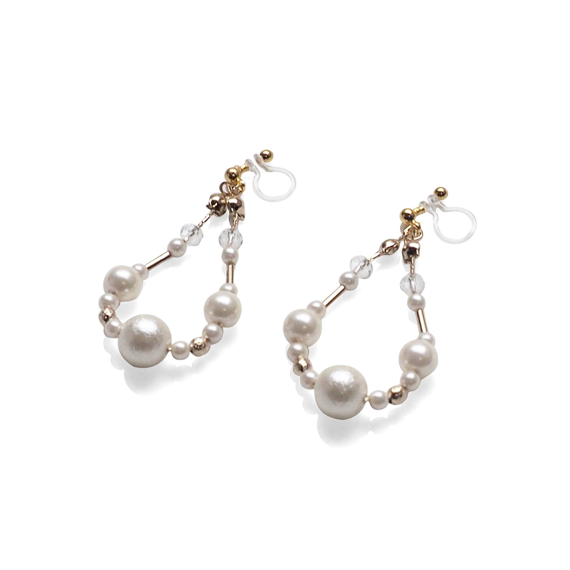 Dangle white cotton pearls invisible clip on earrings - Miyabi Grace