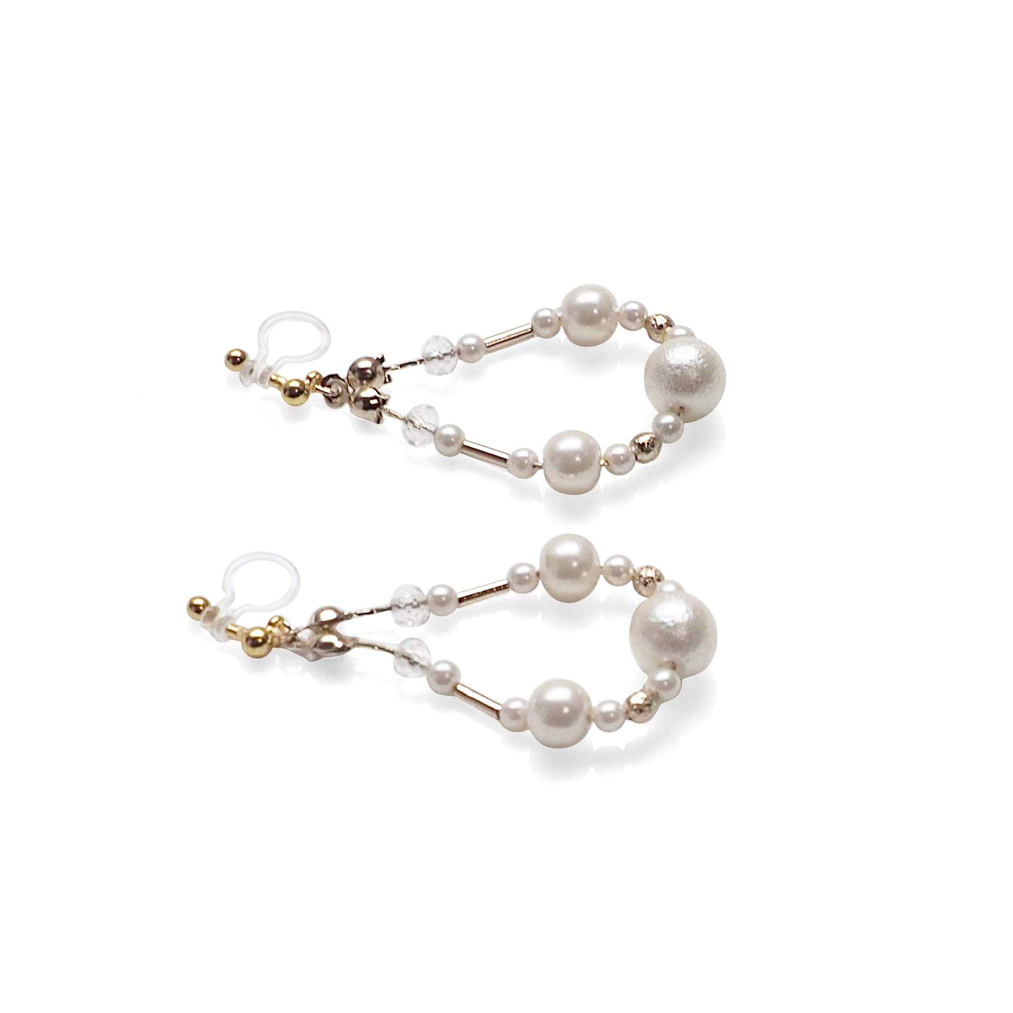 Dangle white cotton pearls invisible clip on earrings - Miyabi Grace