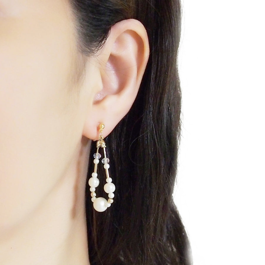 Dangle white cotton pearls invisible clip on earrings - Miyabi Grace