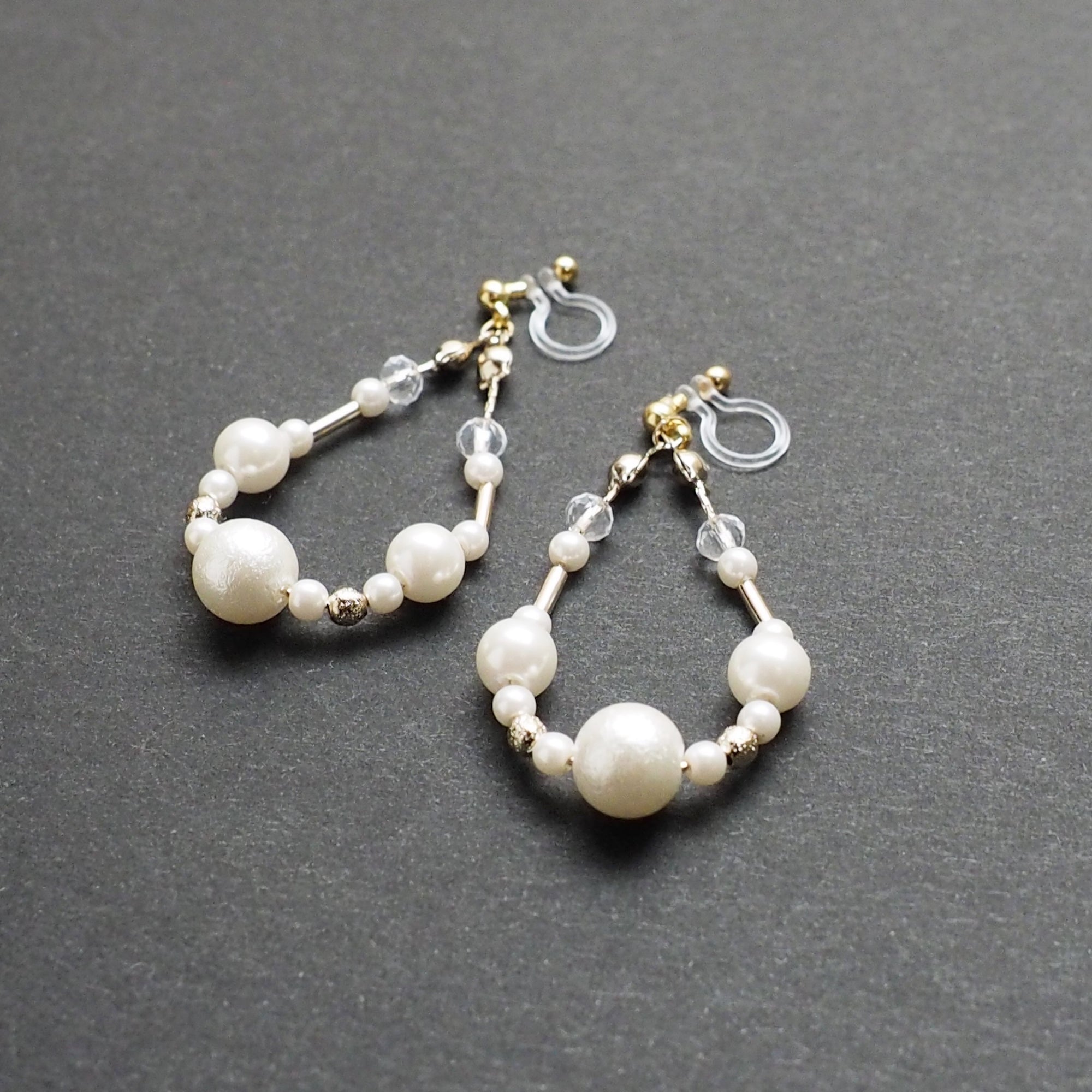 Dangle white cotton pearls invisible clip on earrings - Miyabi Grace