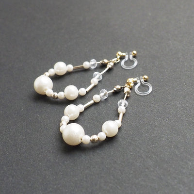 Dangle white cotton pearls invisible clip on earrings - Miyabi Grace