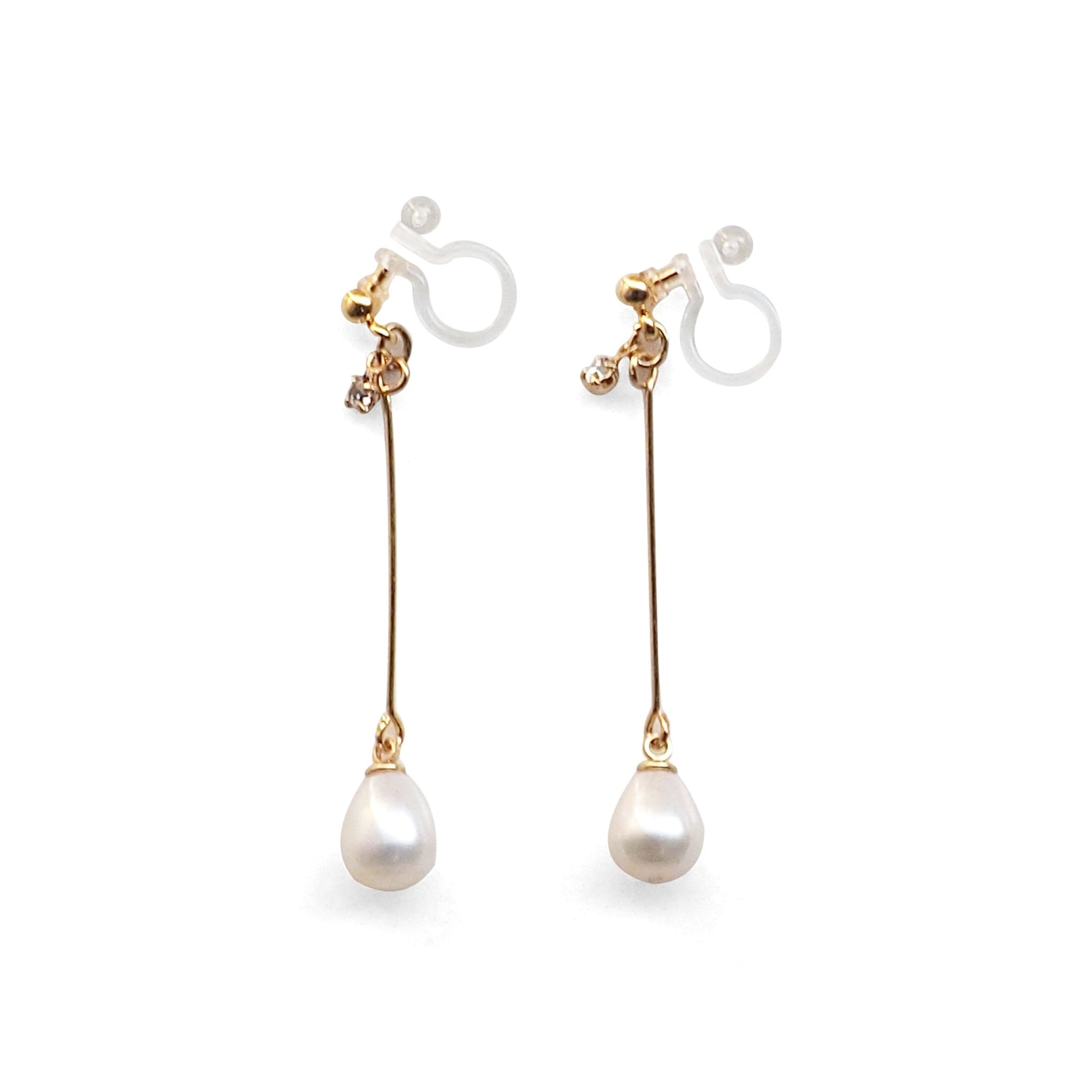 White Teardrop Freshwater Pearl Invisible Clip On Earrings (Gold tone) - miyabigracejewelry.com