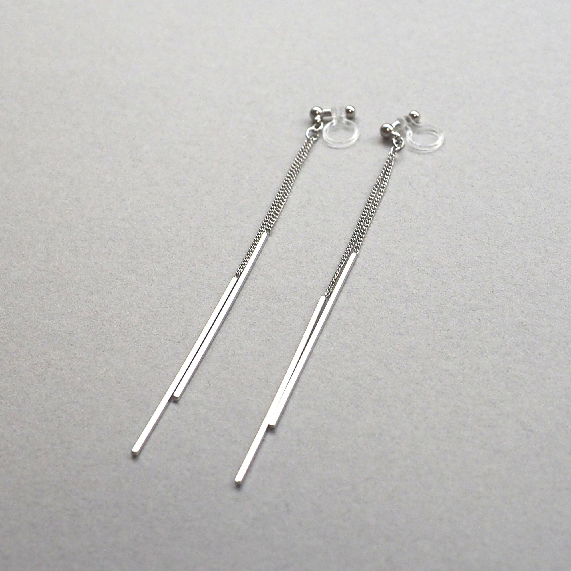Long silver bar invisible clip on earrings - Miyabi Grace