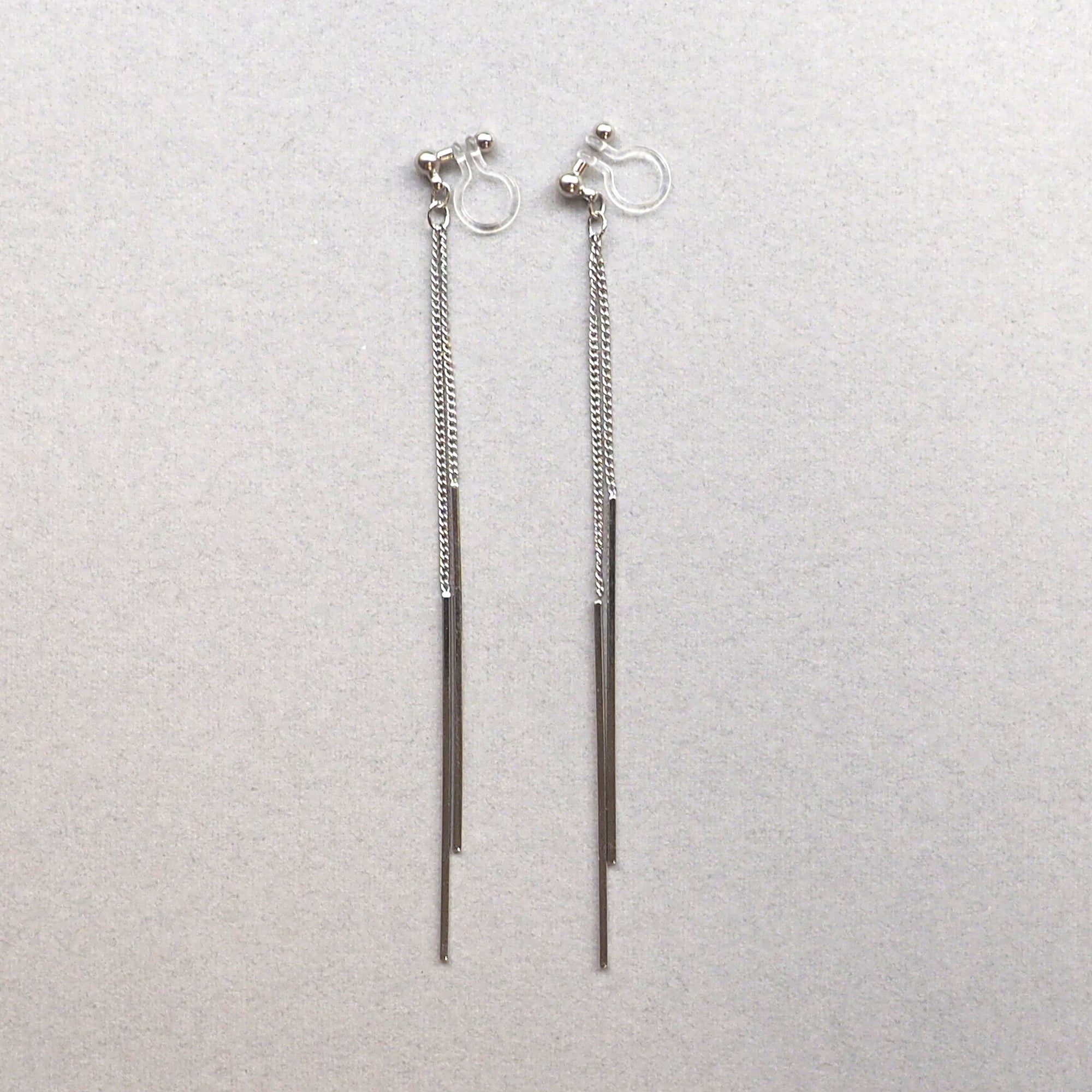 Long silver bar invisible clip on earrings - Miyabi Grace