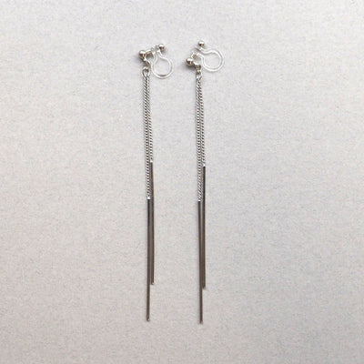 Long silver bar invisible clip on earrings - Miyabi Grace