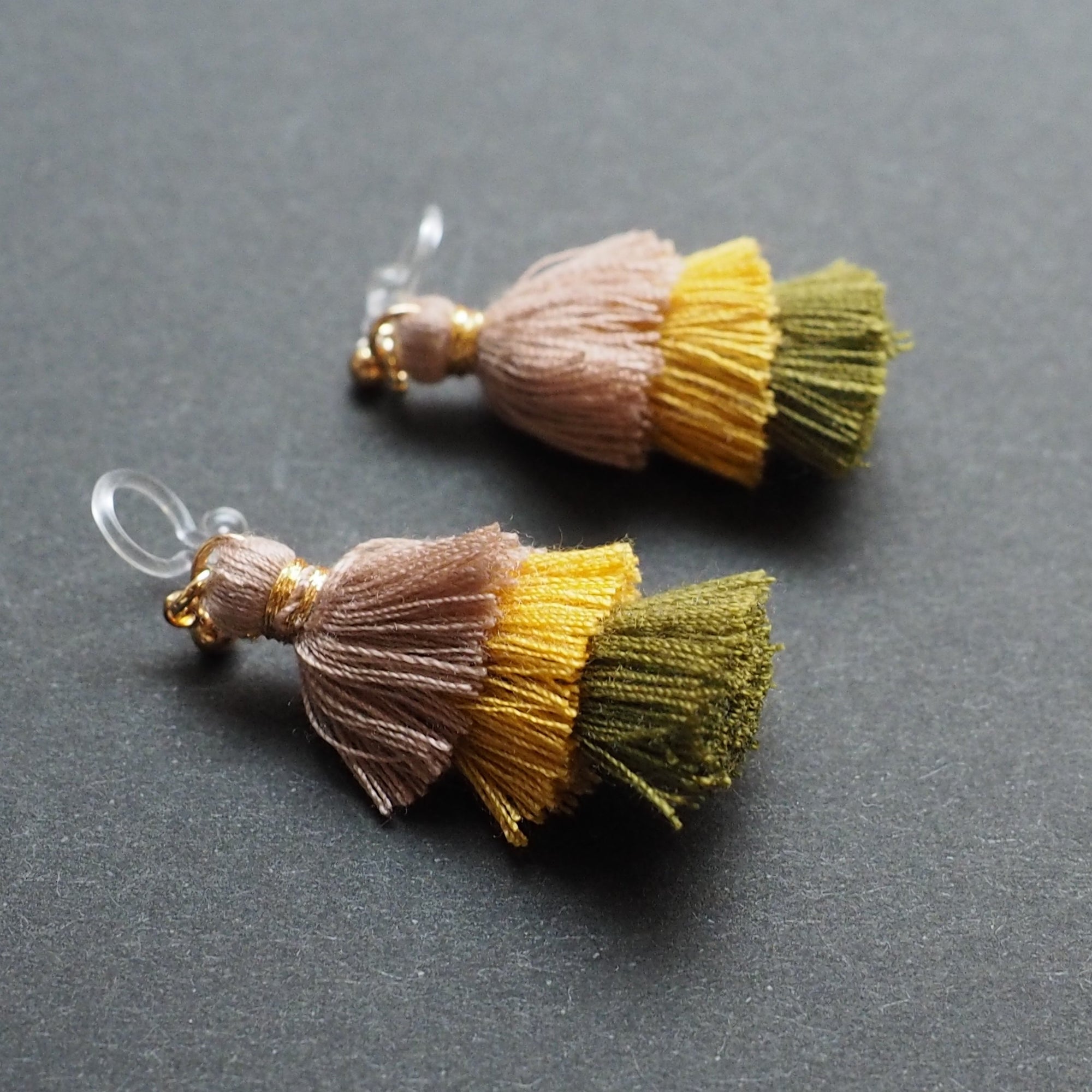Three Layered Ombre Stacked Beige Yellow Green Tiered Tassel Invisible Clip On Earrings - miyabigracejewelry.com