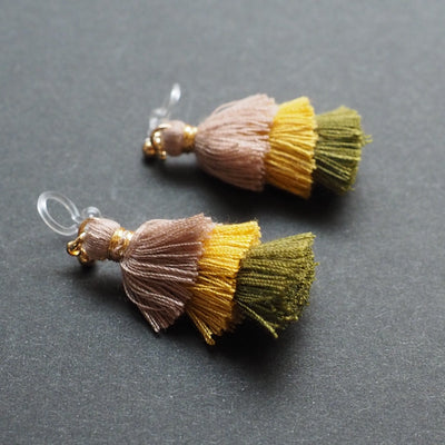 Three Layered Ombre Stacked Beige Yellow Green Tiered Tassel Invisible Clip On Earrings - miyabigracejewelry.com