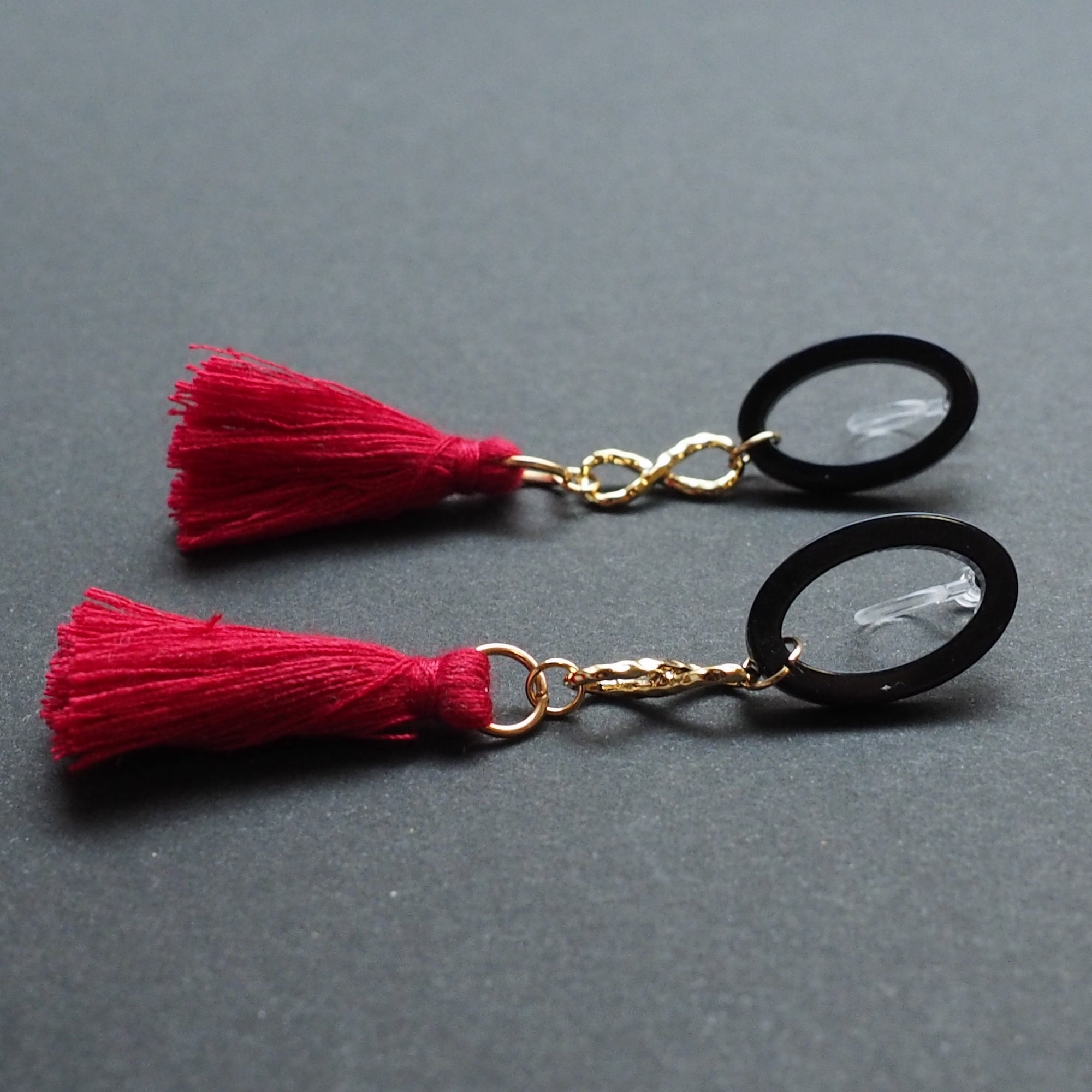Black hoop with red tassel invisible clip on earrings - miyabigracejewelry.com