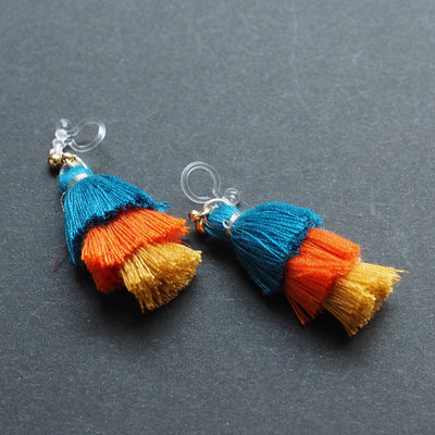 Three Layered Ombre Stacked Blue Orange Yellow Tiered Tassel Invisible Clip On Earrings - Miyabi Grace