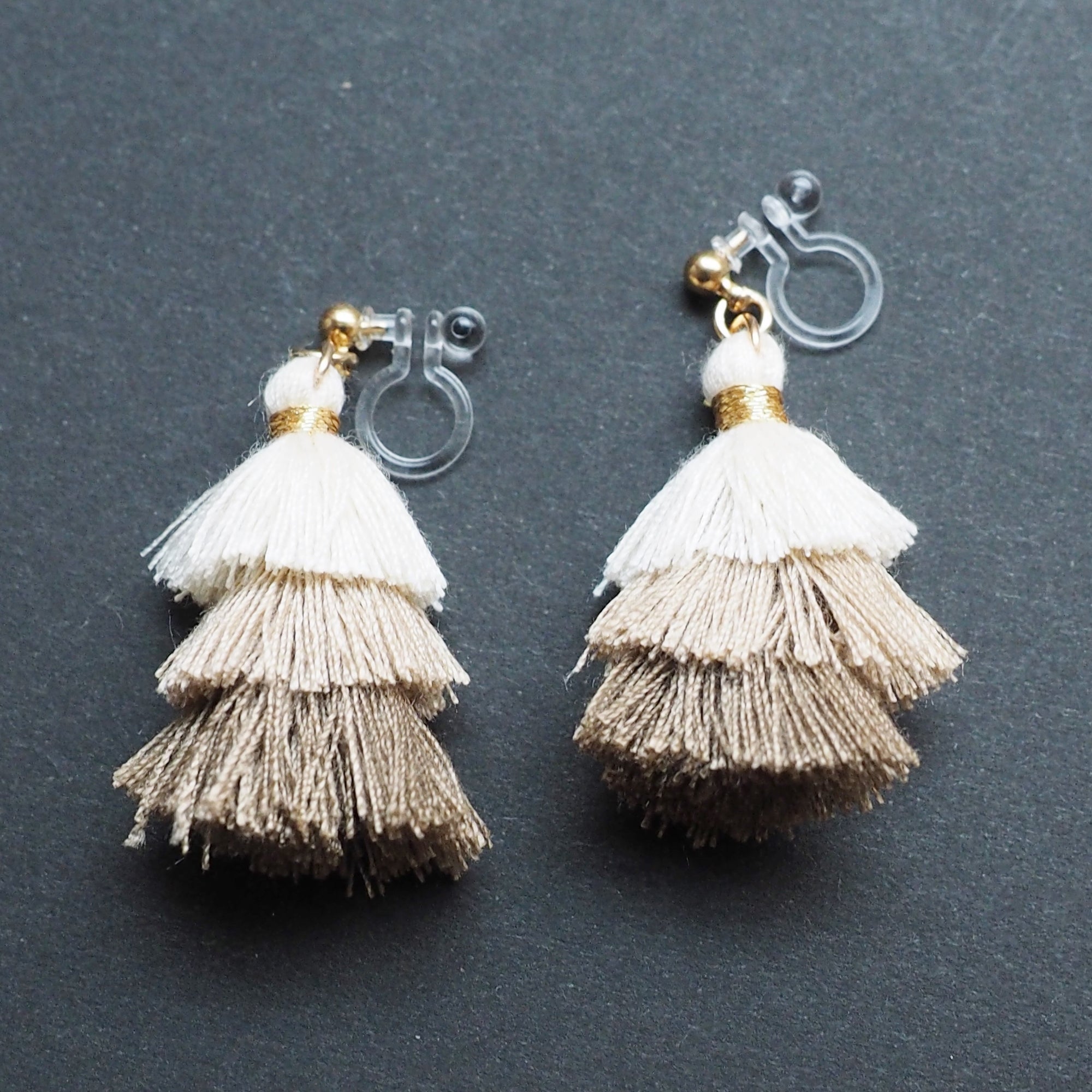 Three Layered Ombre Stacked White Beige Brown Tiered Tassel Invisible Clip On Earrings - miyabigracejewelry.com