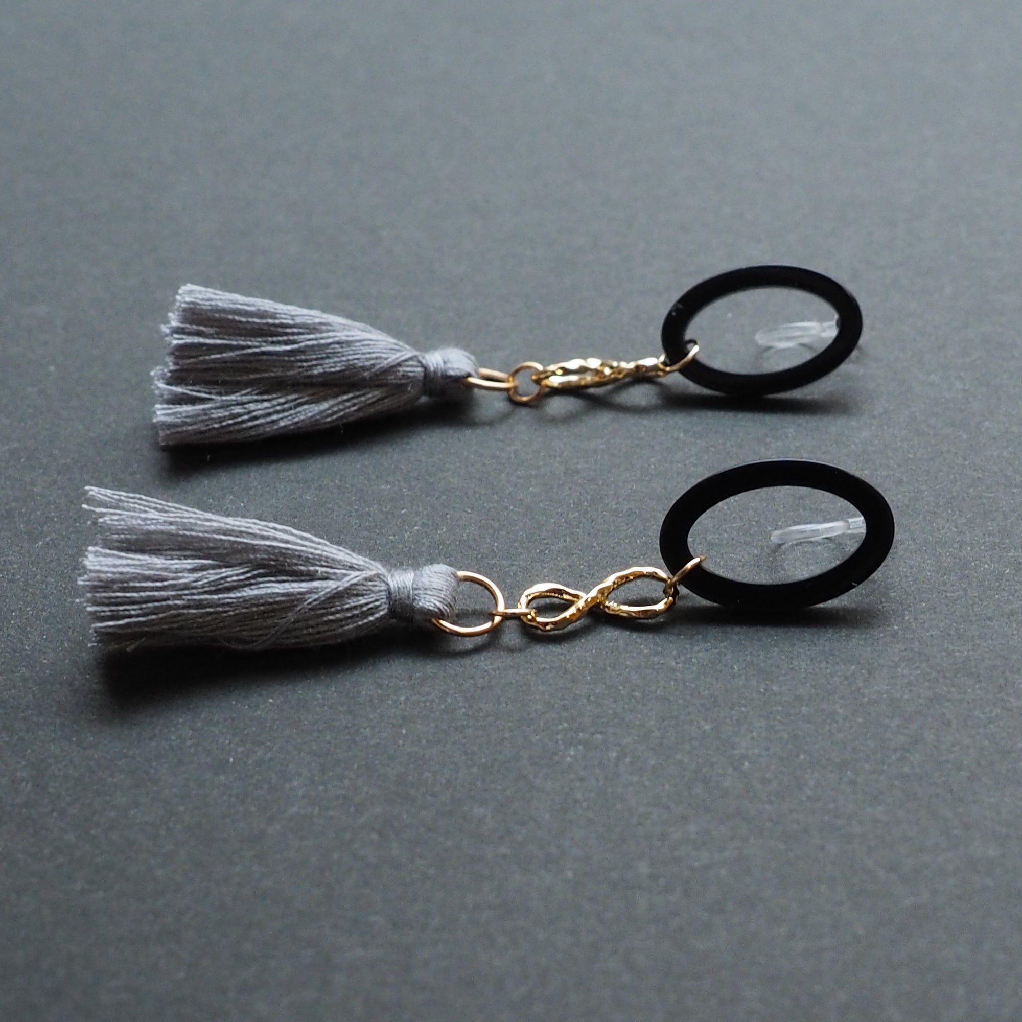 Black hoop with gray tassel invisible clip on earrings - miyabigracejewelry.com