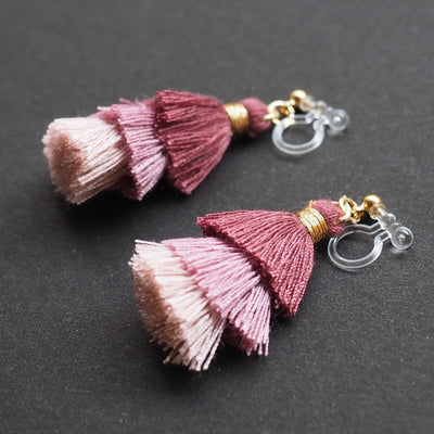Three Layered Ombre Stacked Pink Tiered Tassel Invisible Clip On Earrings - miyabigracejewelry.com