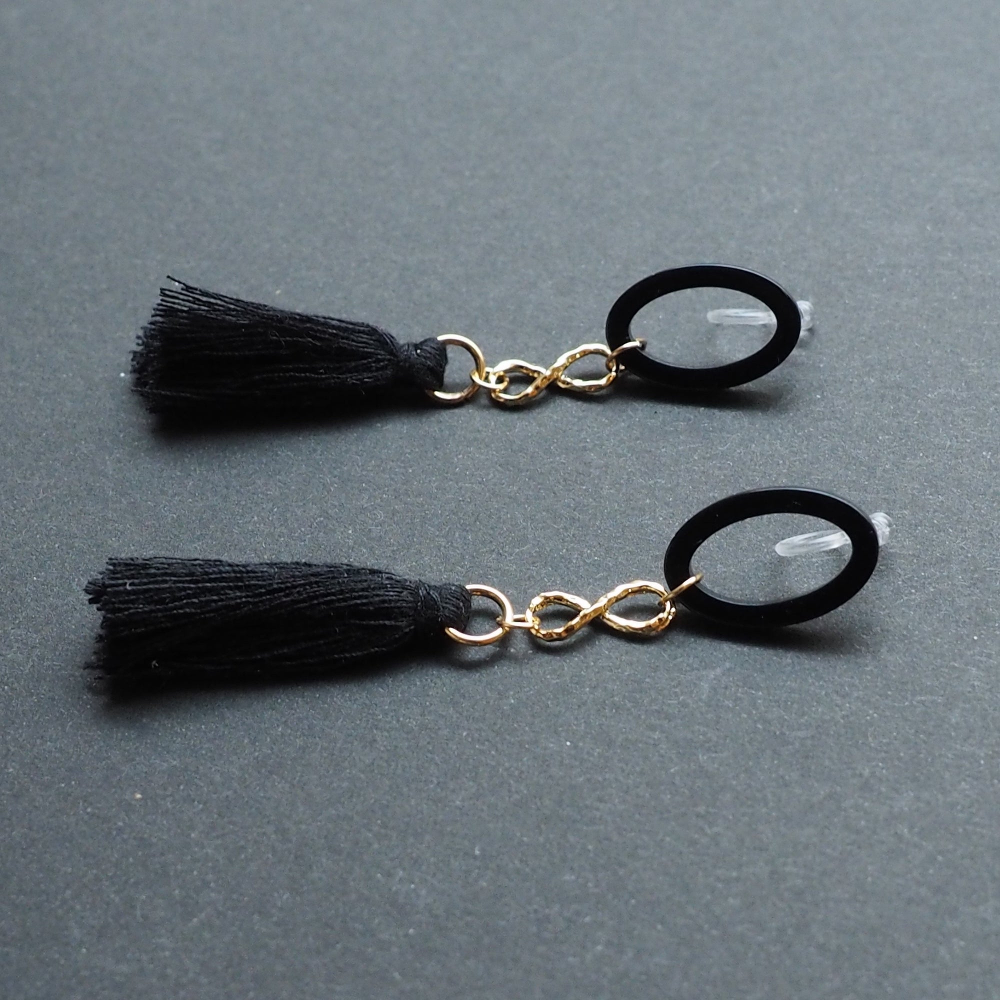 Black hoop with black tassel invisible clip on earrings - Miyabi Grace