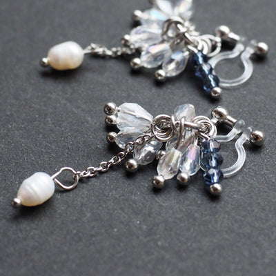Clear beads and freshwater pearl invisible clip on earrings - miyabigracejewelry.com