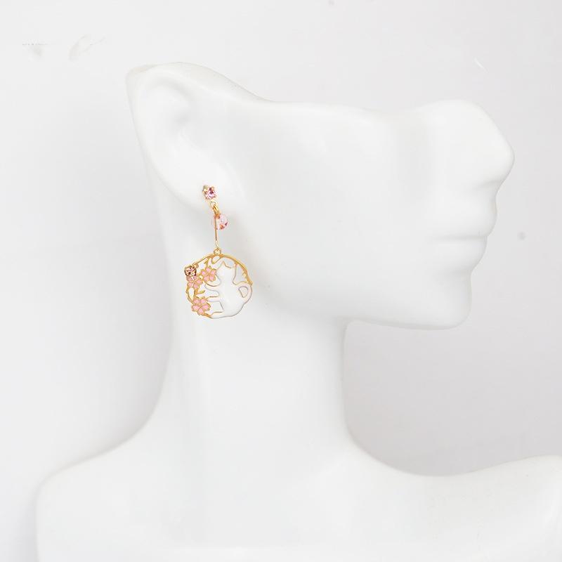 Dangle White Cats Pink Cherry Blossom Flower Gold Invisible Clip On Earrings