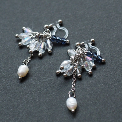 Clear beads and freshwater pearl invisible clip on earrings - miyabigracejewelry.com