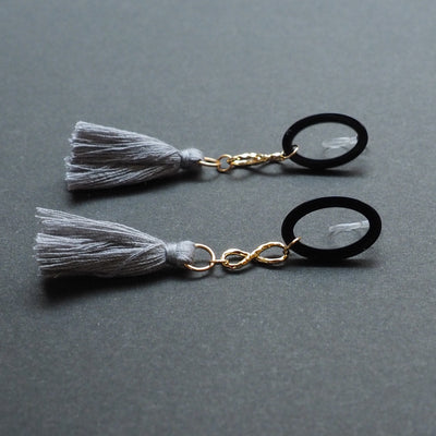 Black hoop with gray tassel invisible clip on earrings - miyabigracejewelry.com