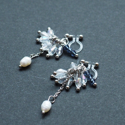 Clear beads and freshwater pearl invisible clip on earrings - miyabigracejewelry.com