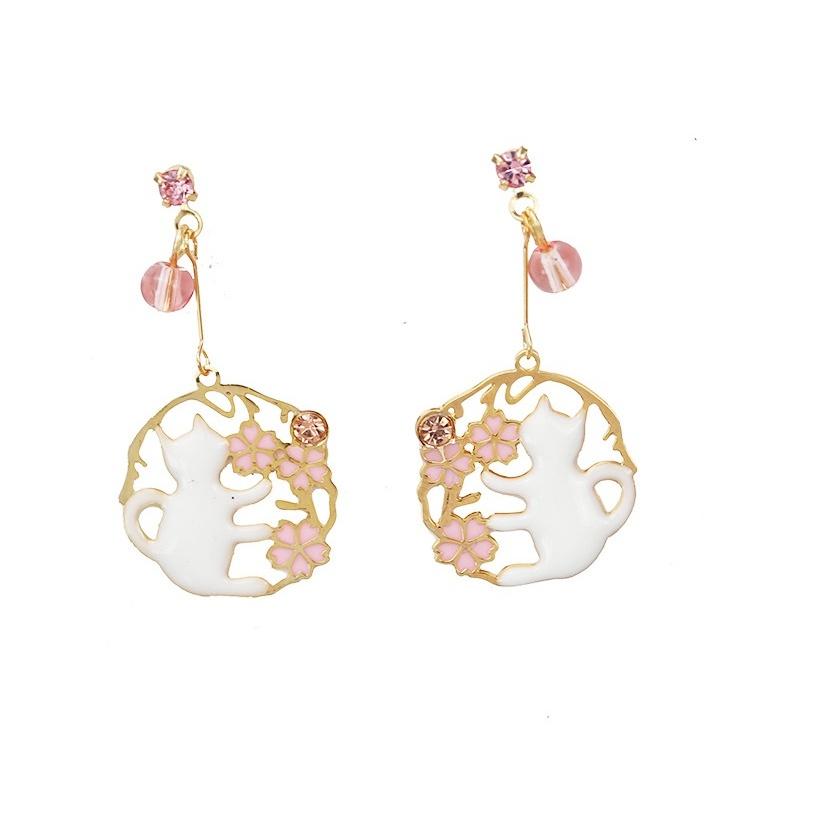 Dangle White Cats Pink Cherry Blossom Flower Gold Invisible Clip On Earrings