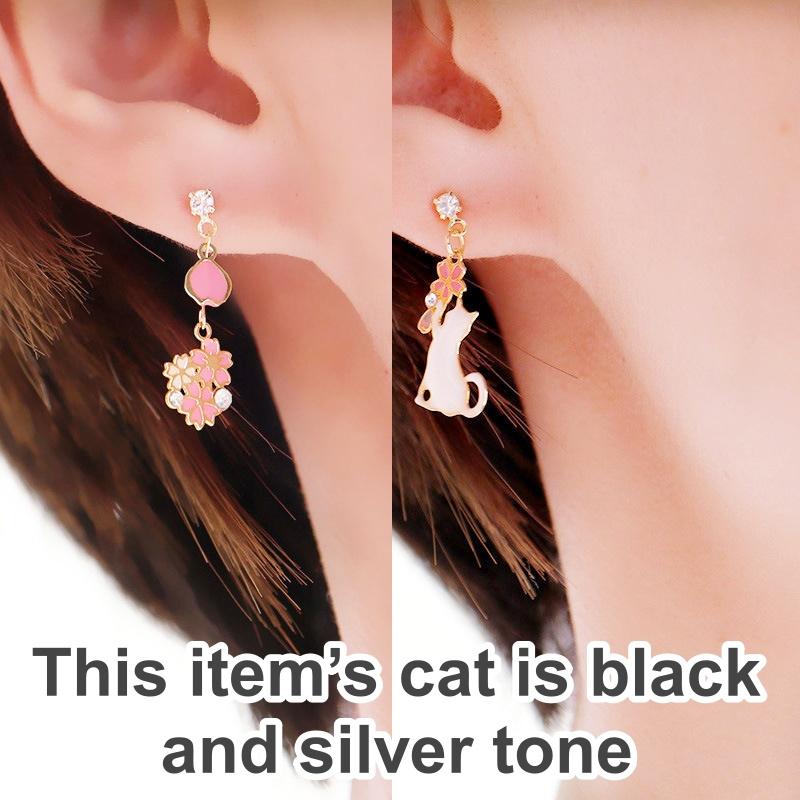 Dangle Black Cat Silver Pink Cherry Blossom Flower Invisible Clip On Earrings
