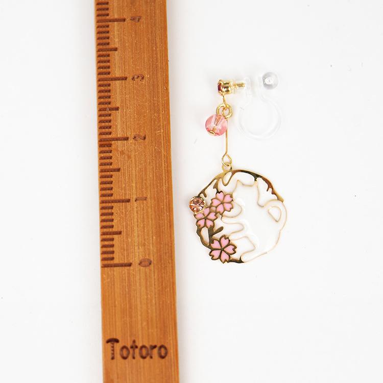 Dangle White Cats Pink Cherry Blossom Flower Gold Invisible Clip On Earrings