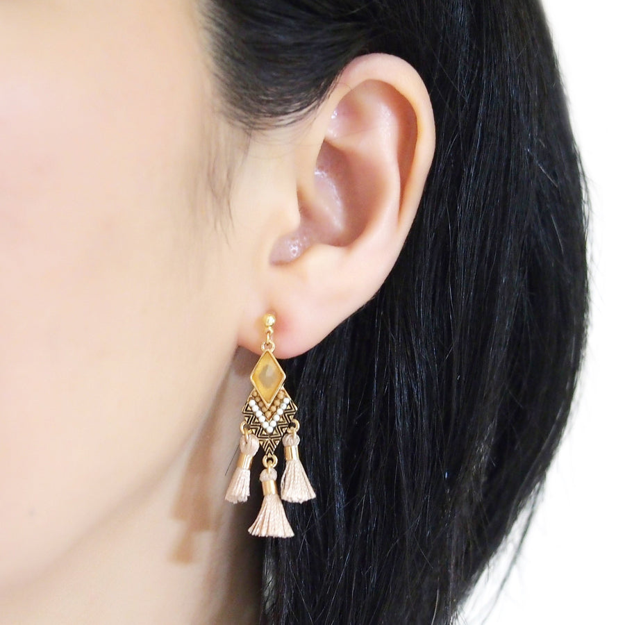 Dangle gold ethnic beige rhinestone and tassel invisible clip on earrings - Miyabi Grace