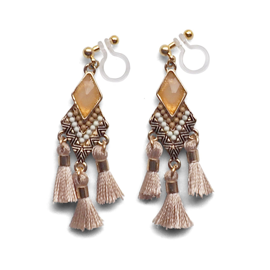 Dangle gold ethnic beige rhinestone and tassel invisible clip on earrings - Miyabi Grace
