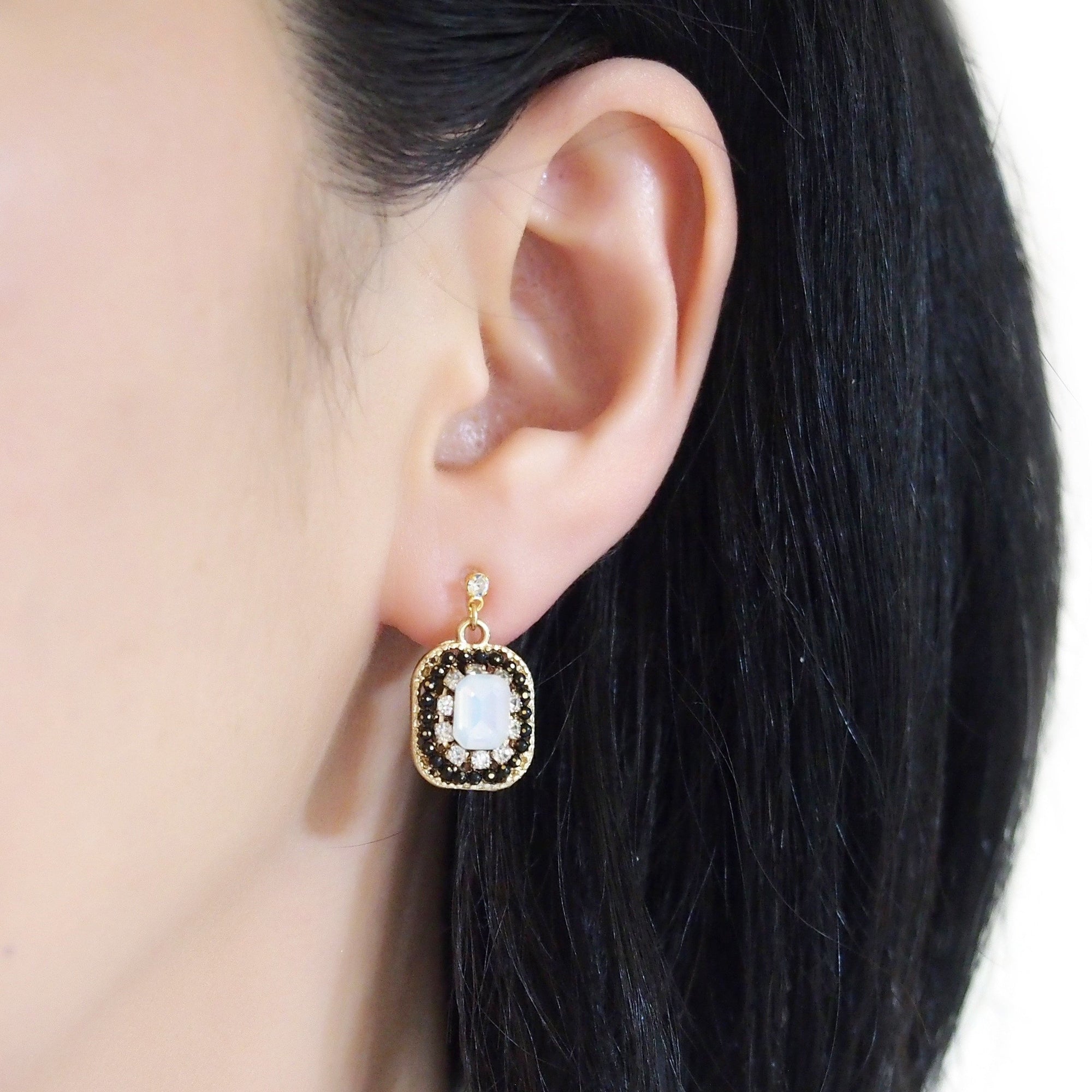 Black and White Opal Rhinestone Square Crystal Invisible Clip on Earrings - miyabigracejewelry.com