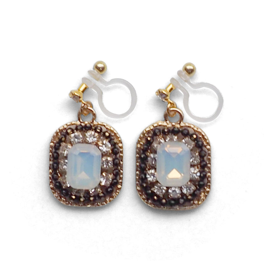 Black and White Opal Rhinestone Square Crystal Invisible Clip on Earrings - miyabigracejewelry.com