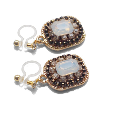 Black and White Opal Rhinestone Square Crystal Invisible Clip on Earrings - miyabigracejewelry.com