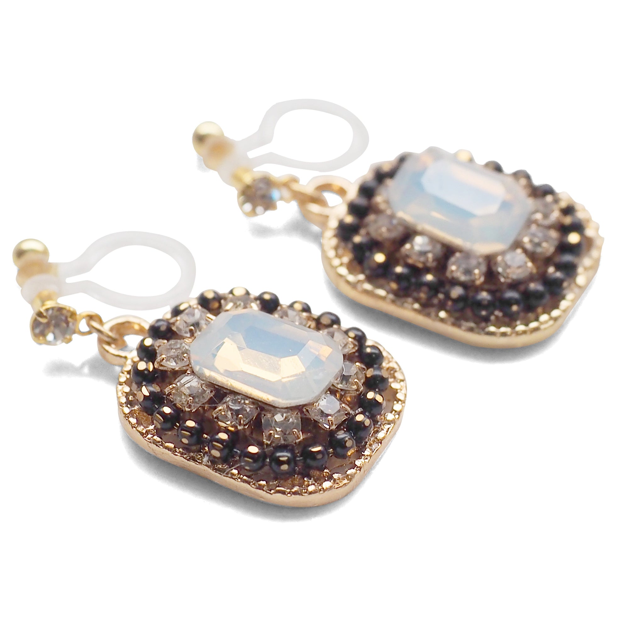 Black and White Opal Rhinestone Square Crystal Invisible Clip on Earrings - miyabigracejewelry.com