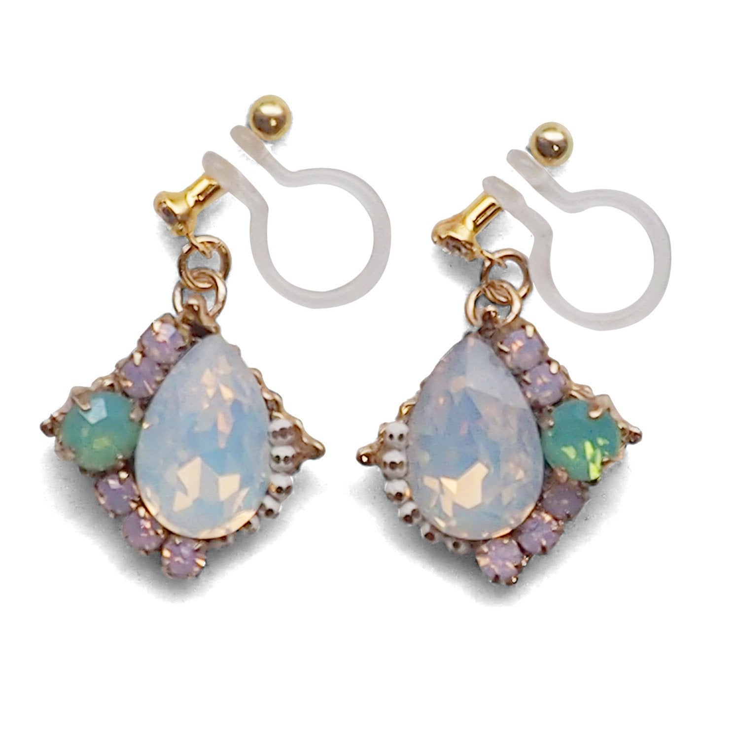 Dangle White Opal Rhinestone Crystal Invisible Clip on Earrings - miyabigracejewelry.com