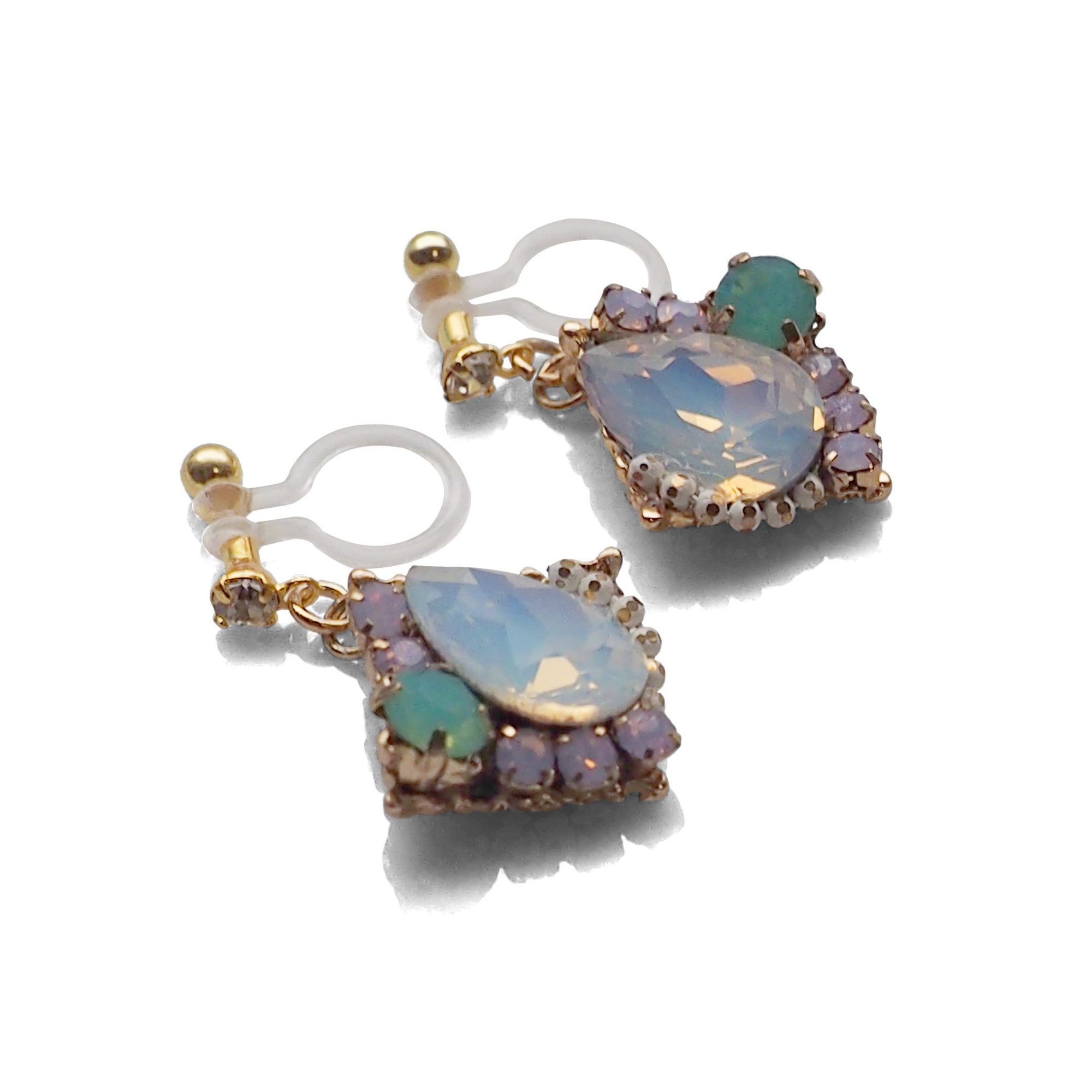 Dangle White Opal Rhinestone Crystal Invisible Clip on Earrings - miyabigracejewelry.com