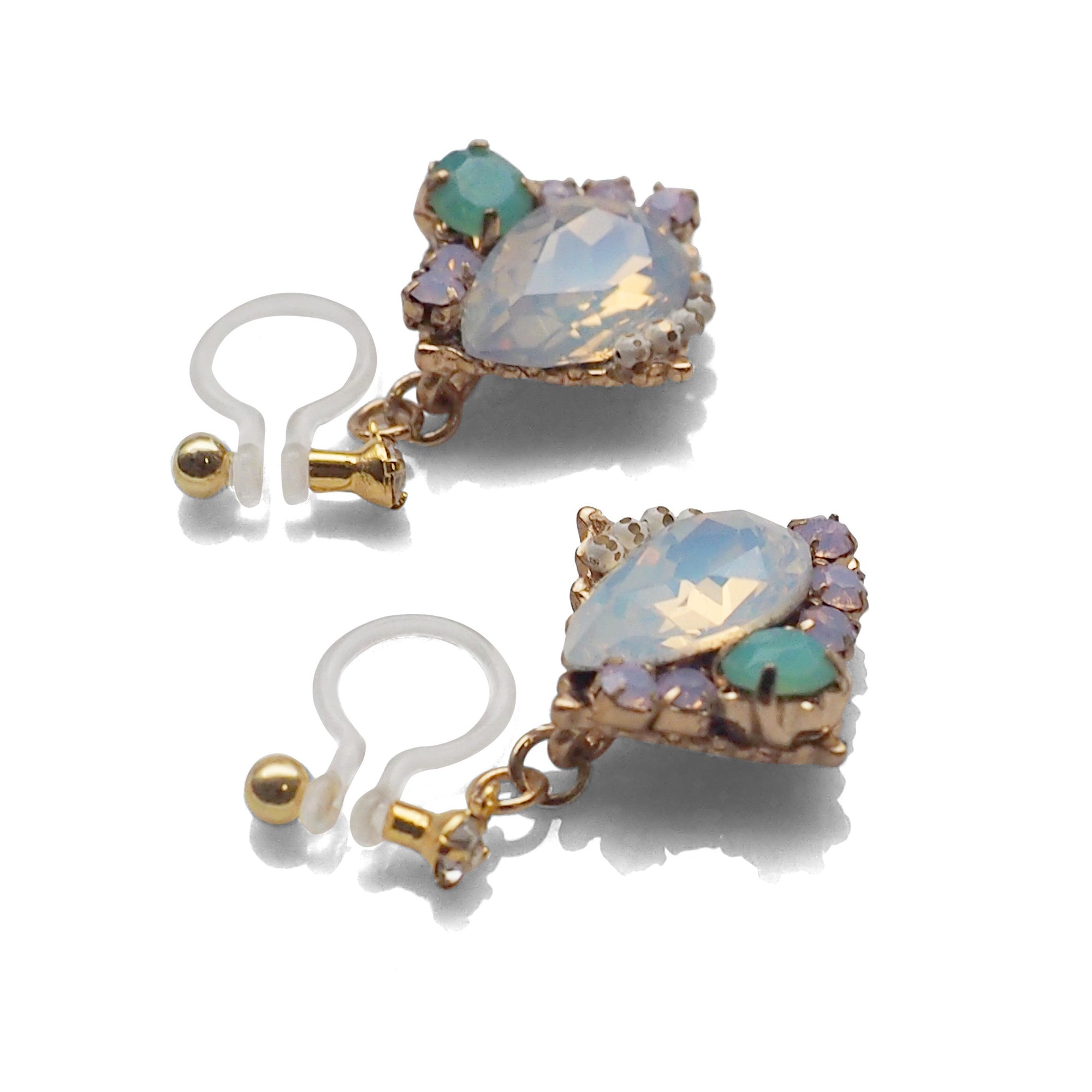 Dangle White Opal Rhinestone Crystal Invisible Clip on Earrings - miyabigracejewelry.com