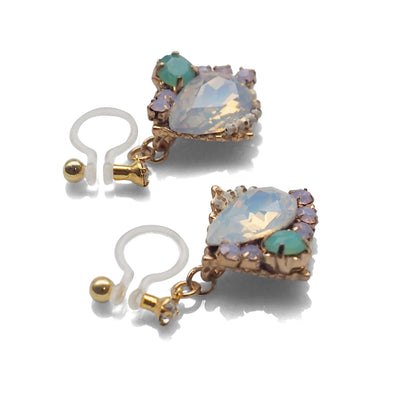 Dangle White Opal Rhinestone Crystal Invisible Clip on Earrings - miyabigracejewelry.com