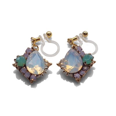 Dangle White Opal Rhinestone Crystal Invisible Clip on Earrings - miyabigracejewelry.com