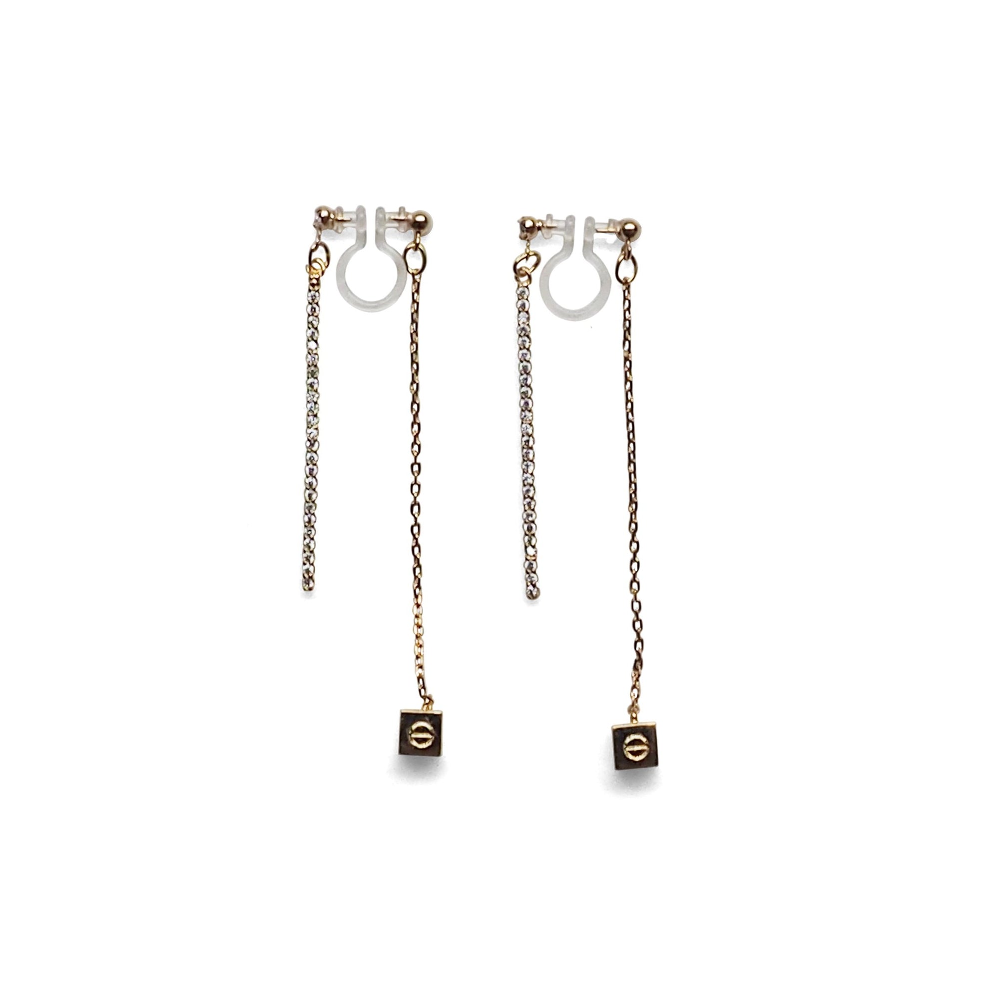 Double sided rhinestone & cube invisible clip on earrings ( Gold tone ) - miyabigracejewelry.com