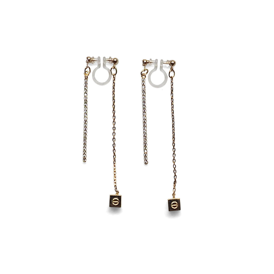 Double sided rhinestone & cube invisible clip on earrings ( Gold tone ) - miyabigracejewelry.com