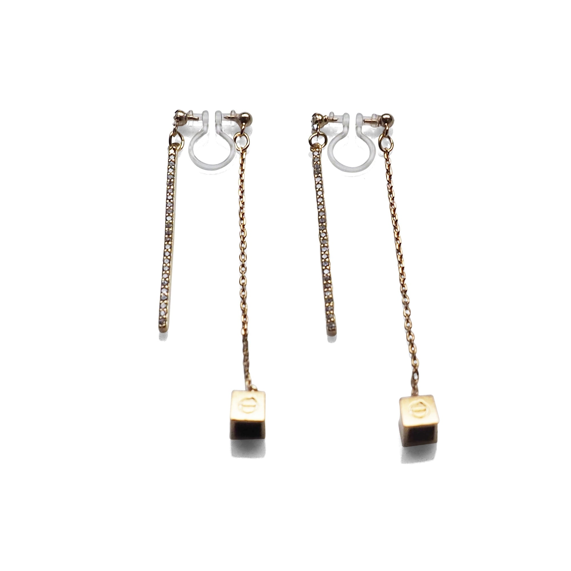 Double sided rhinestone & cube invisible clip on earrings ( Gold tone ) - miyabigracejewelry.com