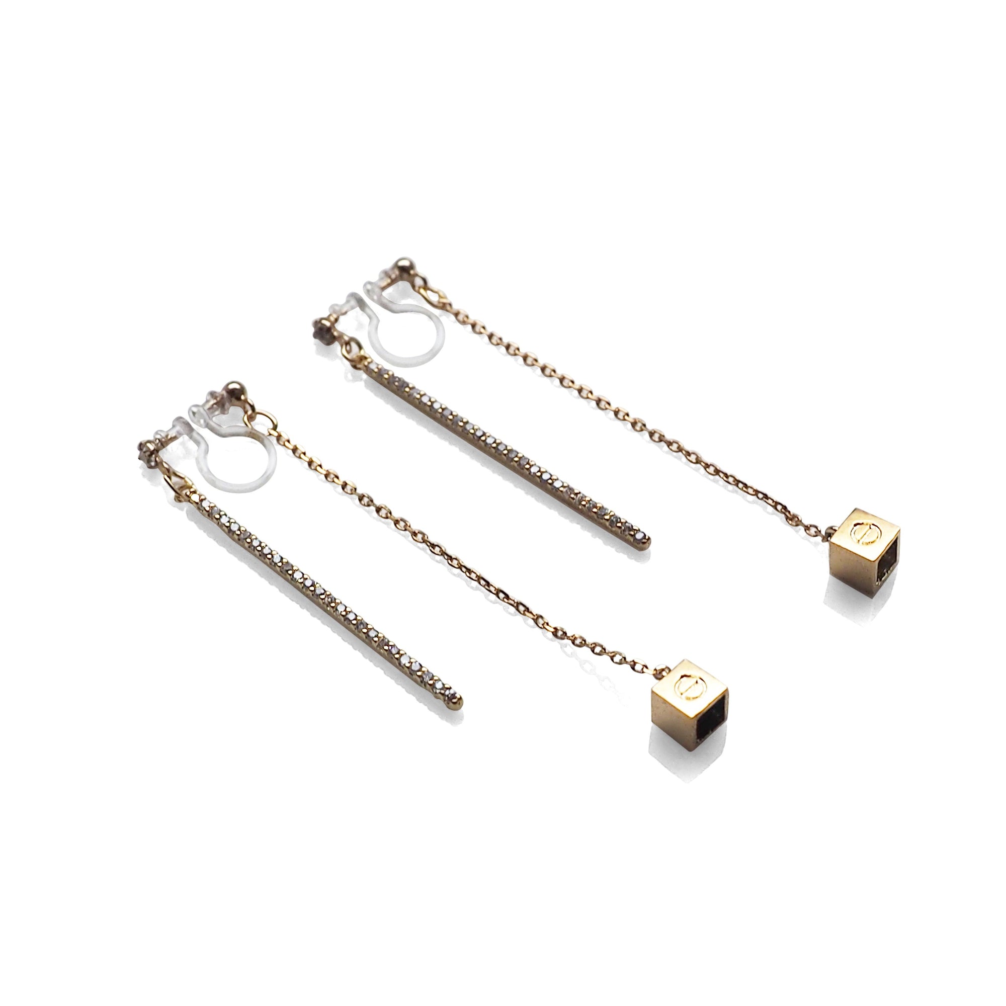 Double sided rhinestone & cube invisible clip on earrings ( Gold tone ) - miyabigracejewelry.com