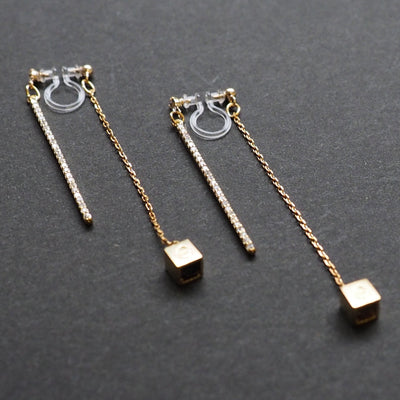 Double sided rhinestone & cube invisible clip on earrings ( Gold tone ) - miyabigracejewelry.com